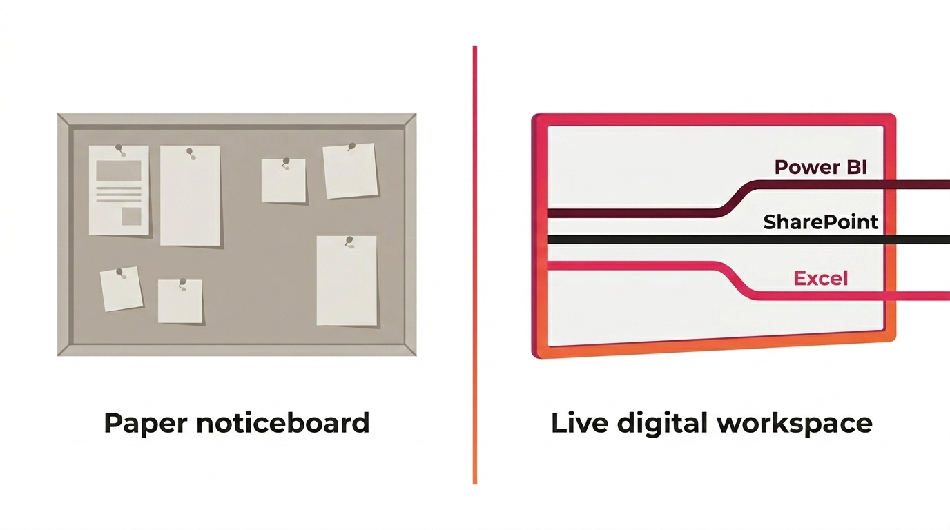 Side-by-side comparison of paper noticeboard versus live digital workspace