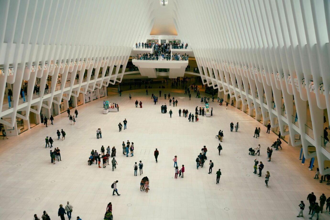 Crowds inside the modern Oculus Transportation Hub in Manhattan's World Trade Center.