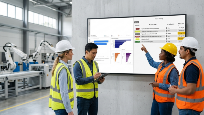 Manufacturing team reviewing the Action Items Tracker on a wall-mounted Digital Tier Board during a tier 1 meeting