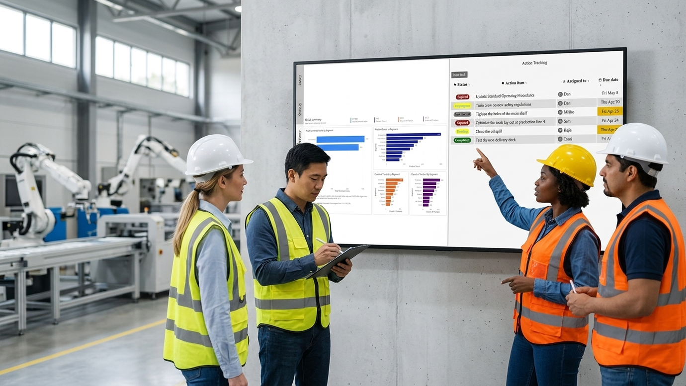 Manufacturing team reviewing Action Items Tracker on the Digital Tier Board during a tier 1 meeting