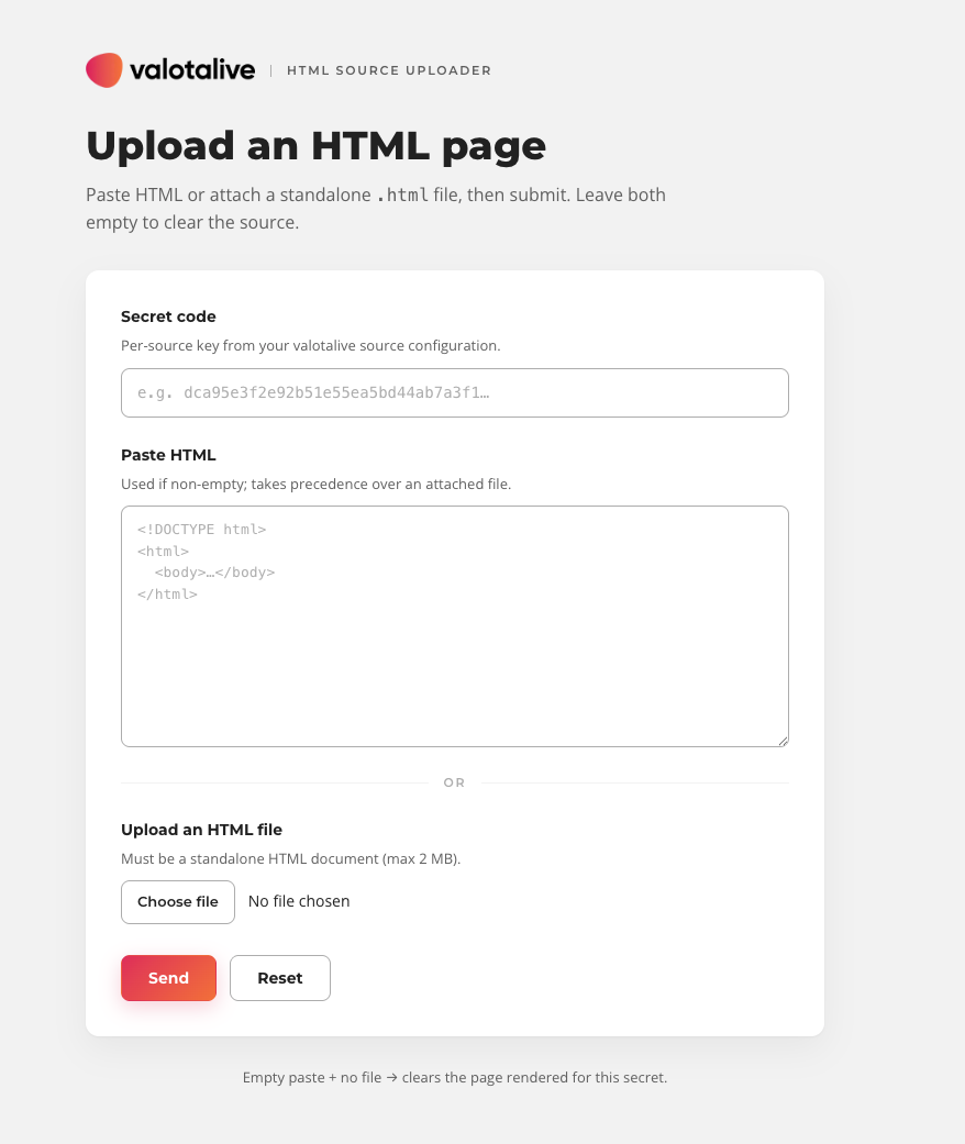A screenshot of Valotalive HTML upload page UI. To upload HTML file to Valotalive HTML app to display on digital signage. The web UI includes a field to enter your secret code, you can paste or upload HTML and click send or reset