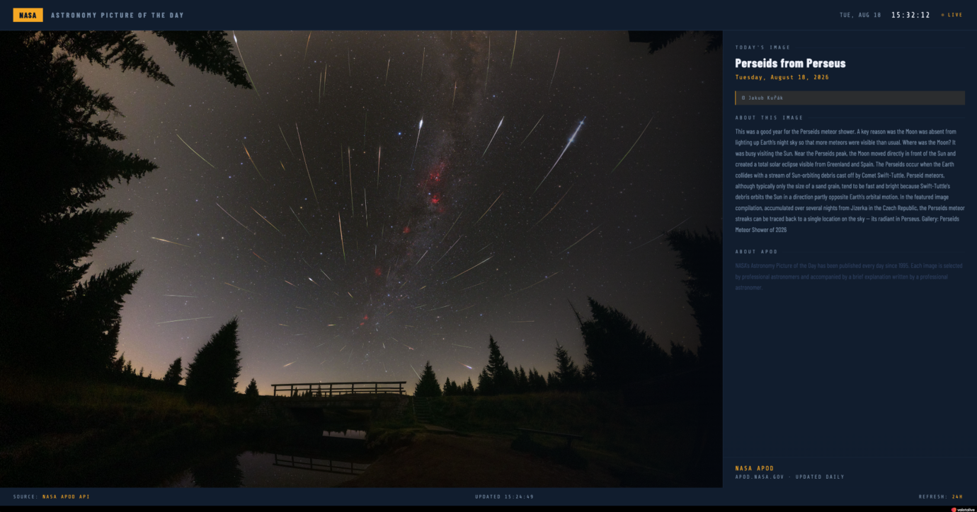 A screenshot of vibe coded app displaying NASA photo of the day. This image shows Perseids from Perseus
