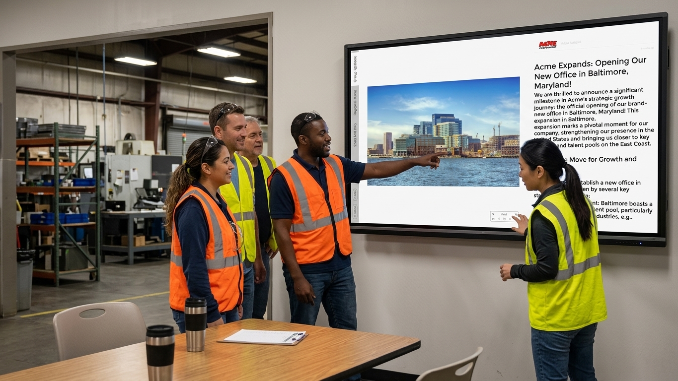 Factory workers tapping through tabs on an Interactive Notice Board in a production area