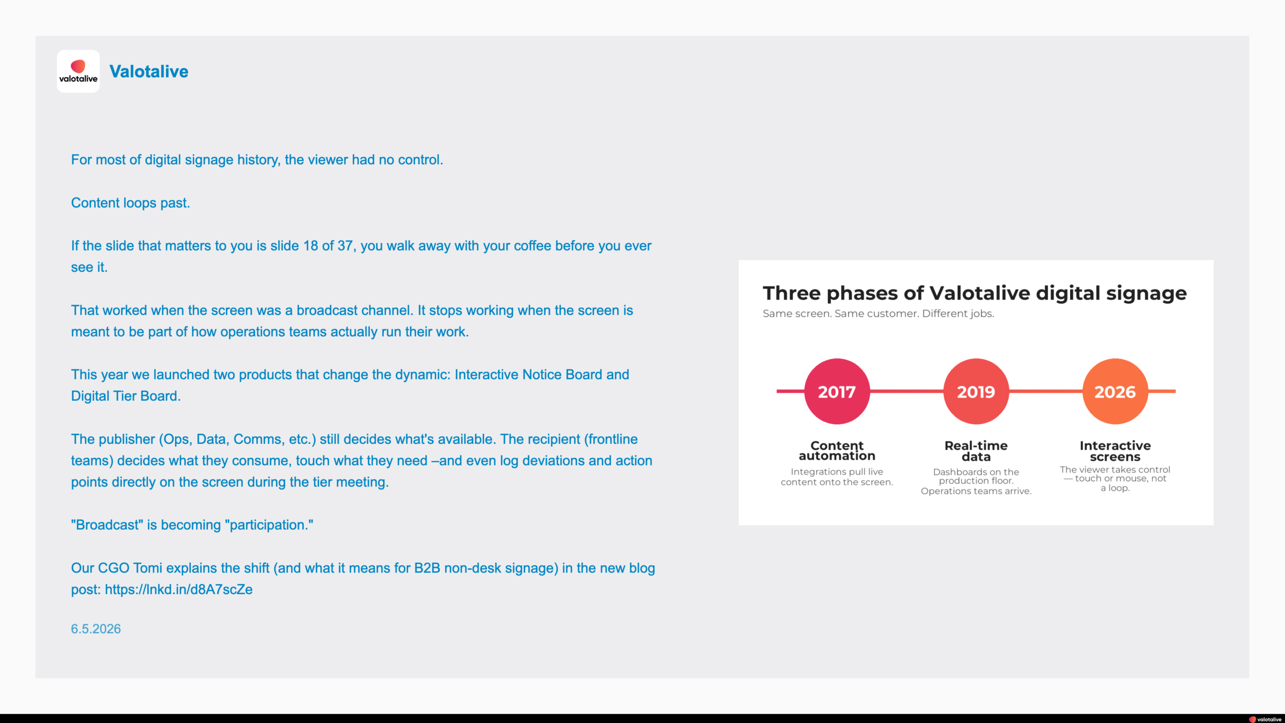 LinkedIn company post with image displayed on a Valotalive digital signage screen