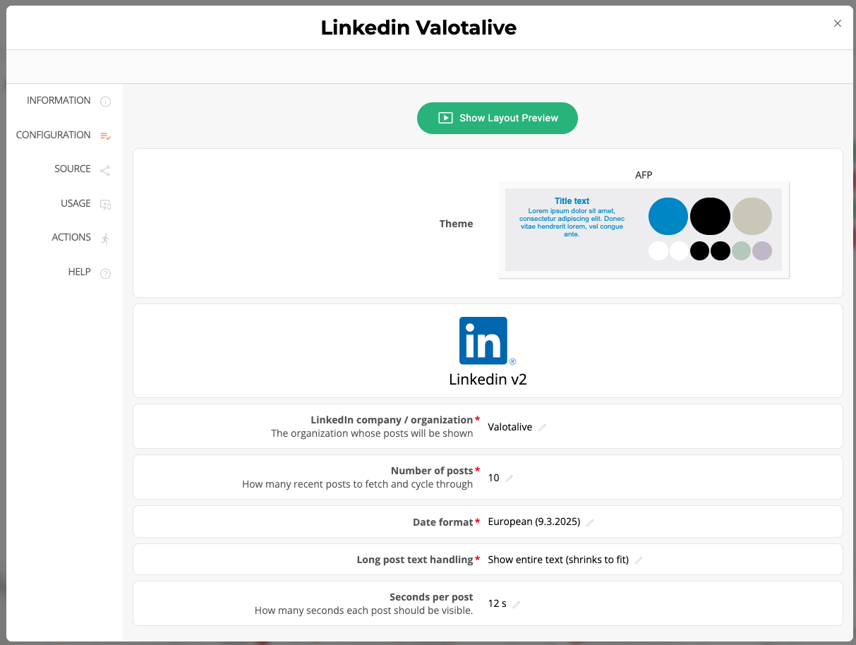 LinkedIn app Configuration tab in the Valotalive Dashboard: company selection, number of posts, date format, long post text handling, seconds per post