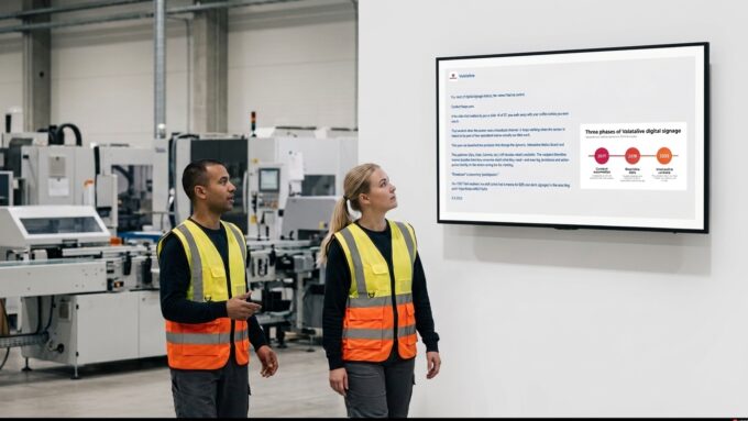 Two factory workers glance at a LinkedIn company post shown on a Valotalive digital signage screen on the shop floor