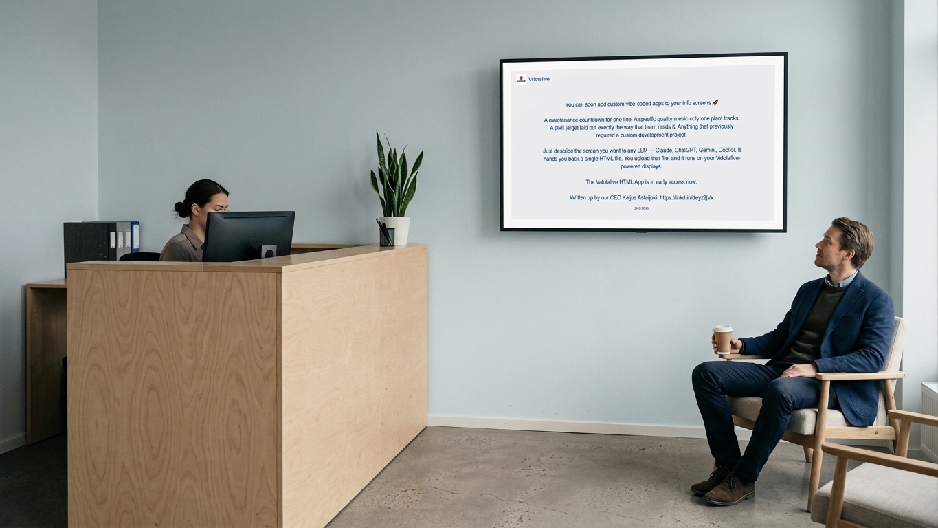 Reception lobby screen showing a LinkedIn company page post to a waiting visitor