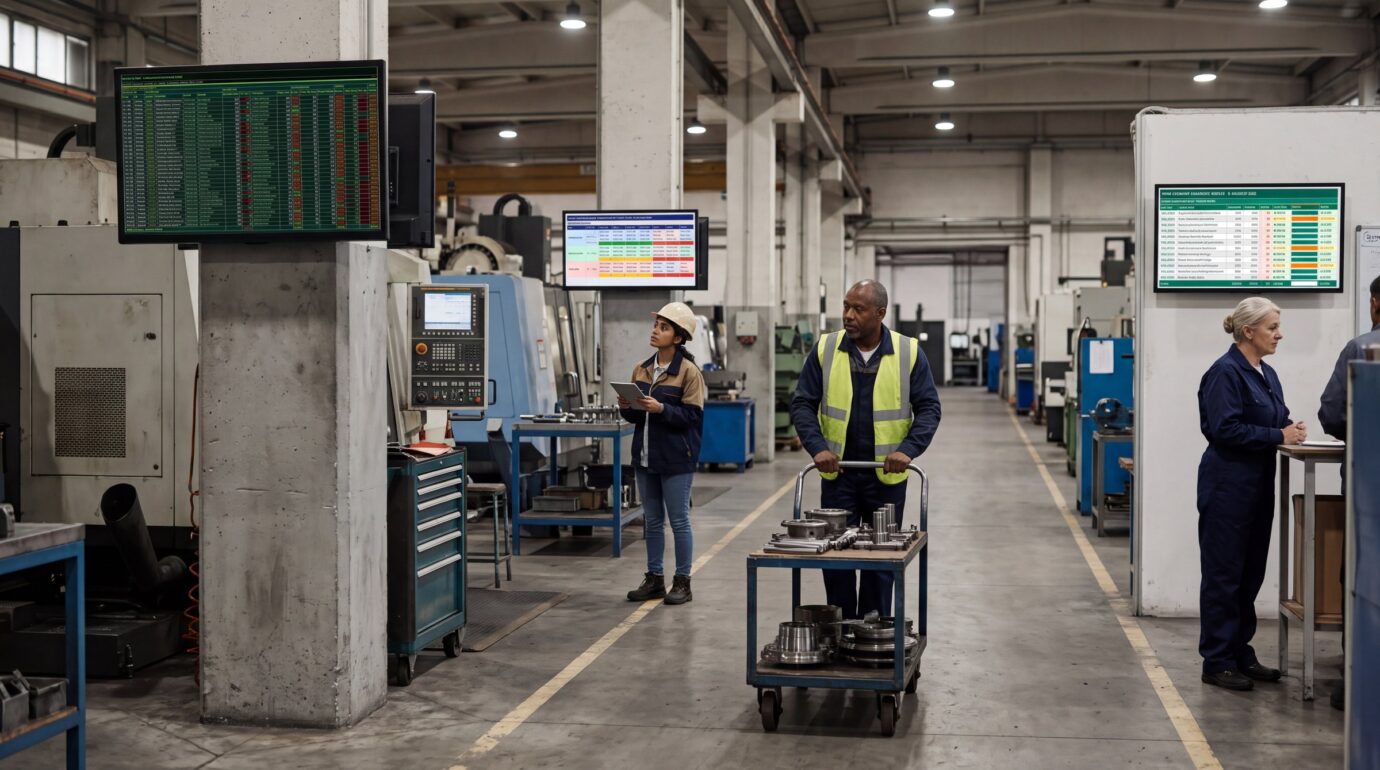 Factory aisle with three screens showing live OEE, shift plan and part quality data while workers go about their shift