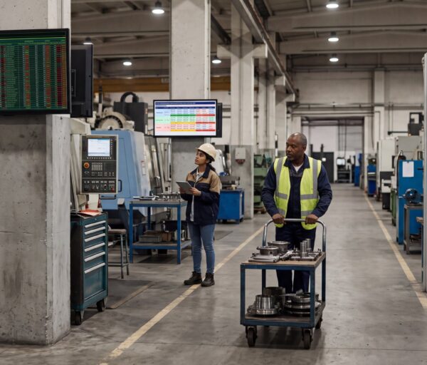 Factory aisle with three screens showing live OEE, shift plan and part quality data while workers go about their shift