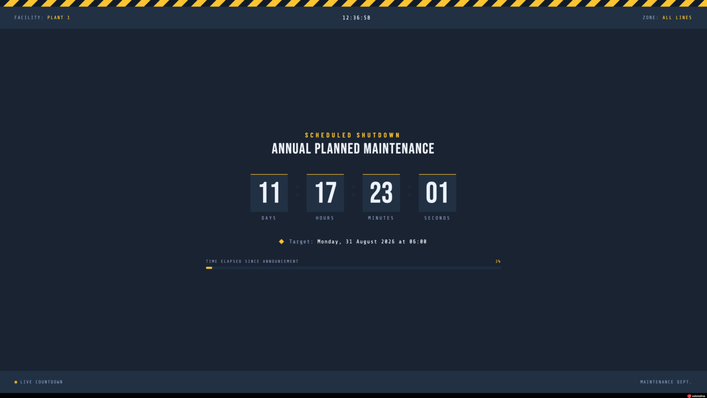 A screenshot of a Maintenance Countdown app on digital signage. The app says Scheduled Countdown Annual Planned Maintenance 11 days 17 hours 23 minutes 11 seconds Target: Monday, 31 August 2026, at 06:00