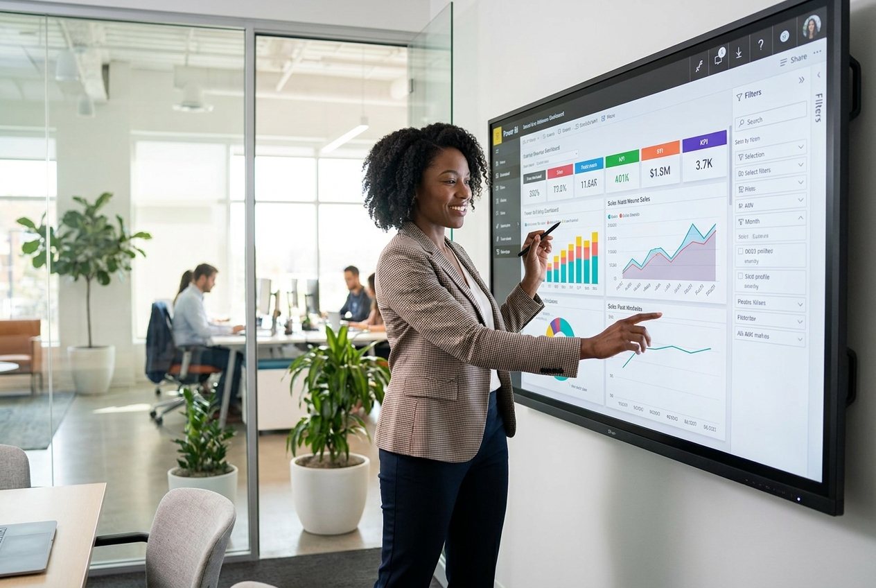 Person interacting with Power BI dashboard on large touchscreen