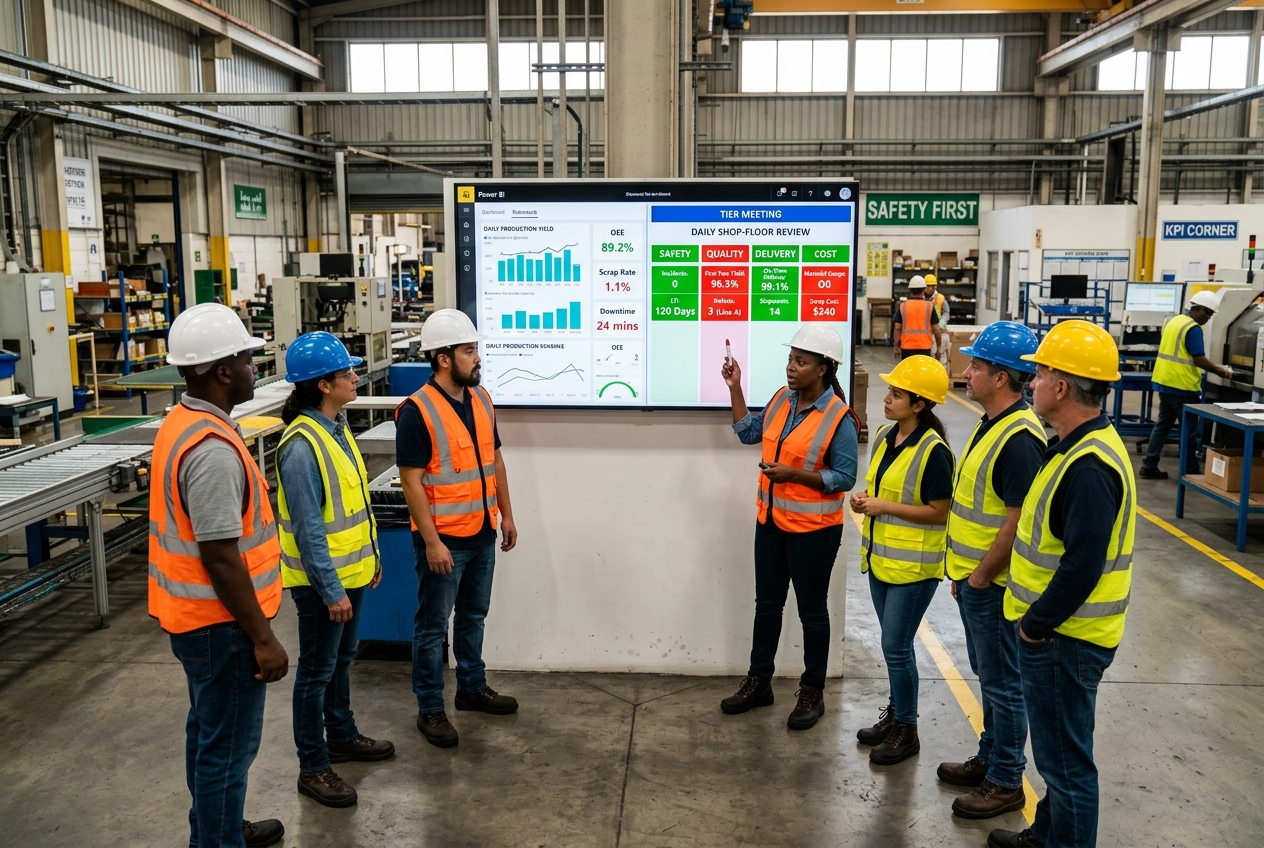 Diverse factory team at tier meeting with Power BI dashboard on screen
