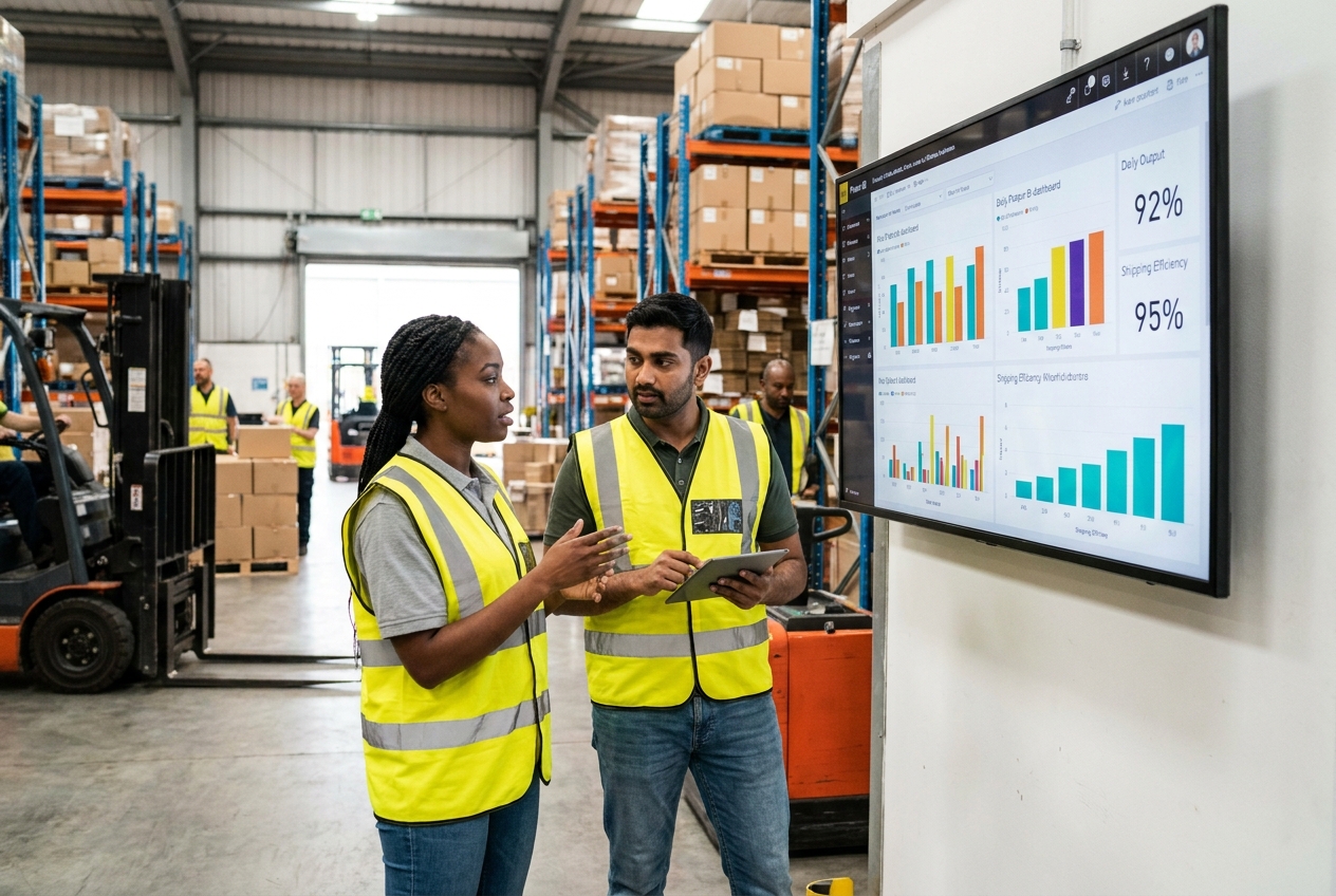 Two warehouse workers discussing a live operations dashboard on a wall-mounted screen