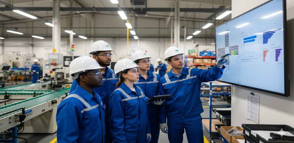 Digital Tier Board running on a manufacturing shop floor — interactive tier meeting display