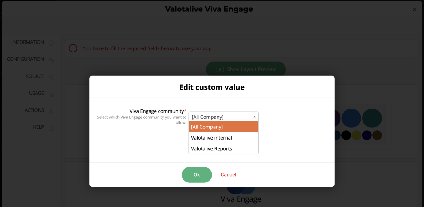 A screenshot of app setting page for Viva Engage. Use a drop down menu to choose your community that will be followed on displays.