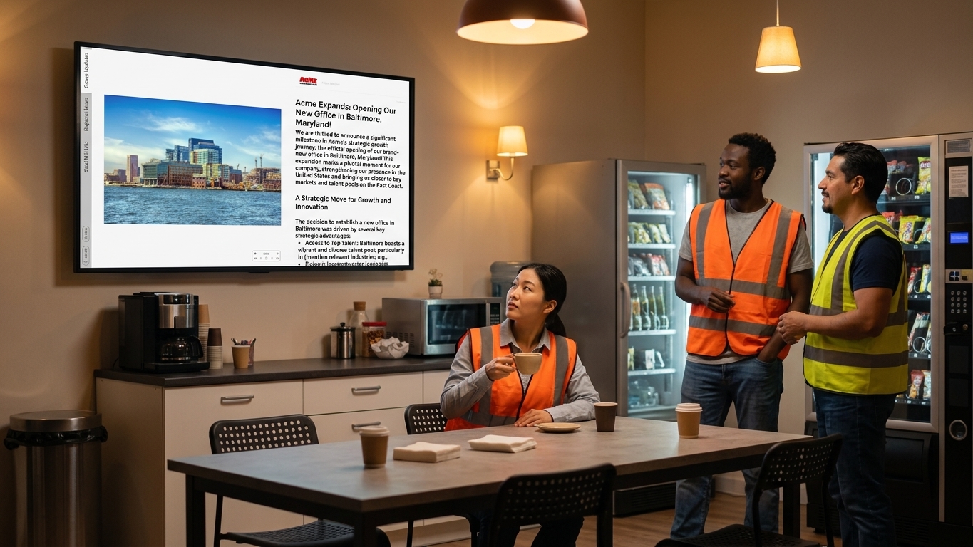 Company news on a break-room screen, read by workers in high-visibility vests