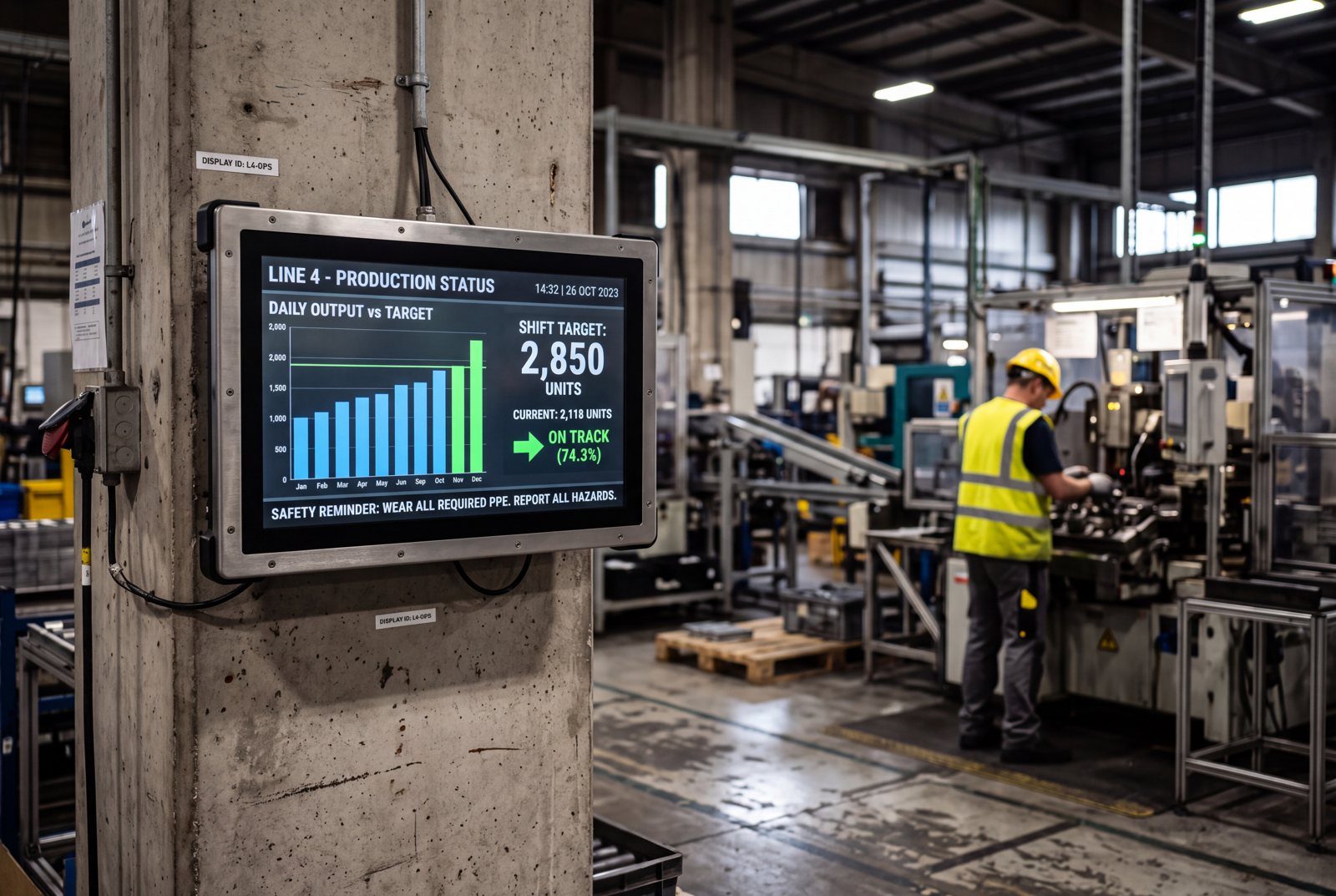 Unattended production screen showing live output against shift target and a safety reminder