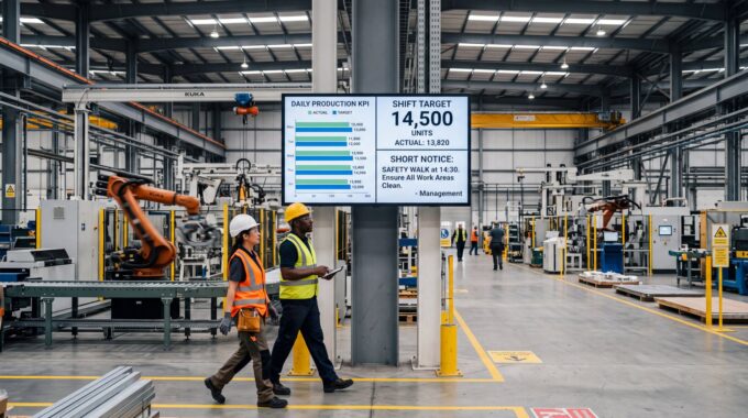 Production floor screen showing shift targets and a notice, with workers walking past
