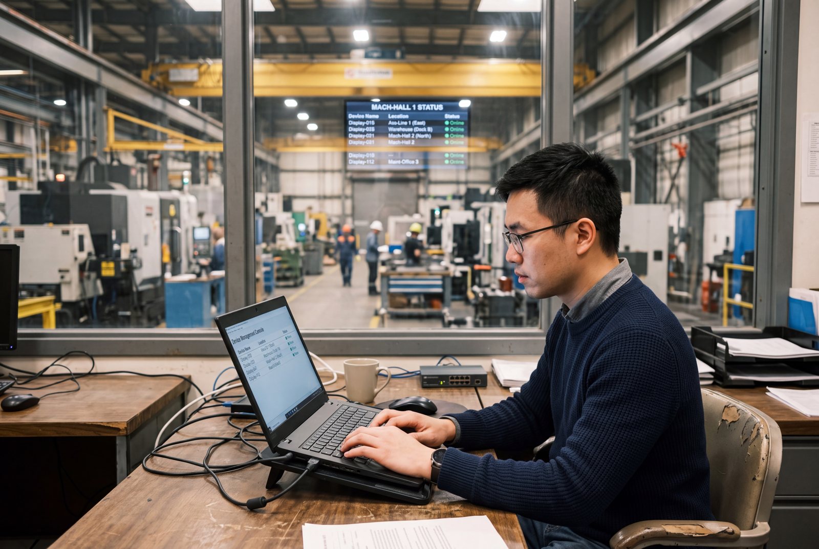 IT administrator managing a fleet of production-floor displays from one console