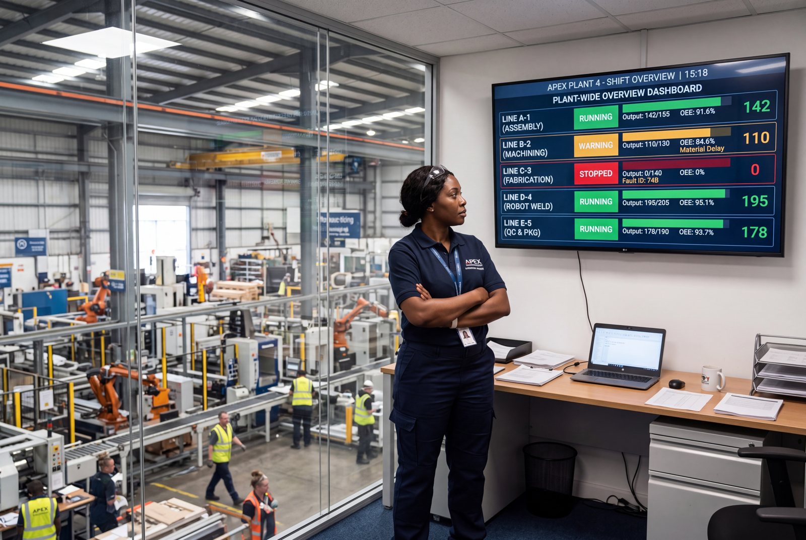 Operations manager reviewing a plant-wide line status overview from a shop-floor office