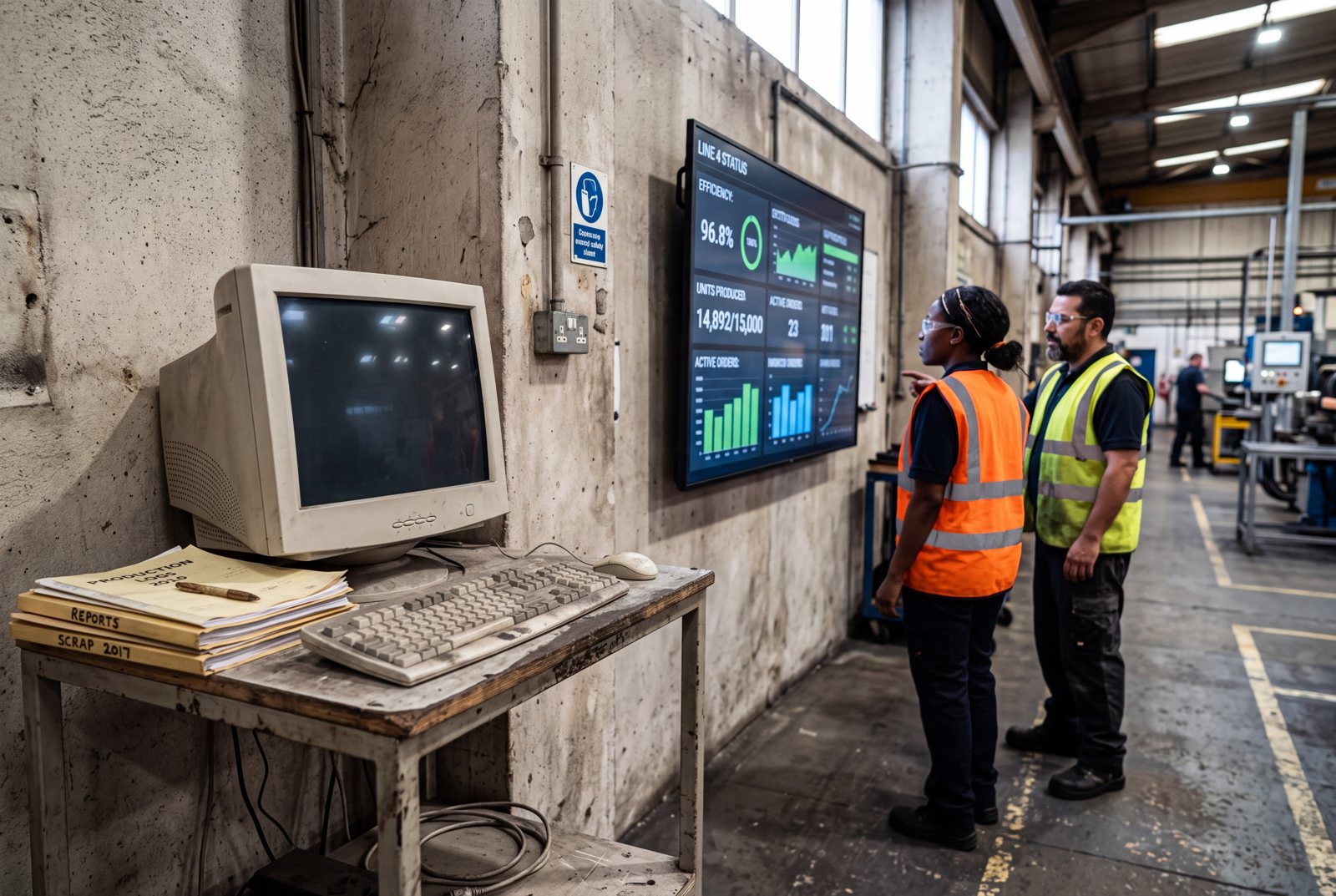 An unused shared factory computer in the foreground while workers read a live wall display behind it