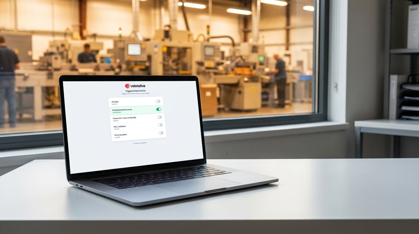 Valotalive Status Alert Control panel open in a browser on a laptop in a shop-floor office