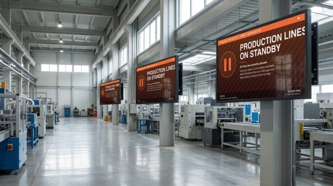 Three wall-mounted displays across a manufacturing facility simultaneously showing a Production Lines on Standby alert