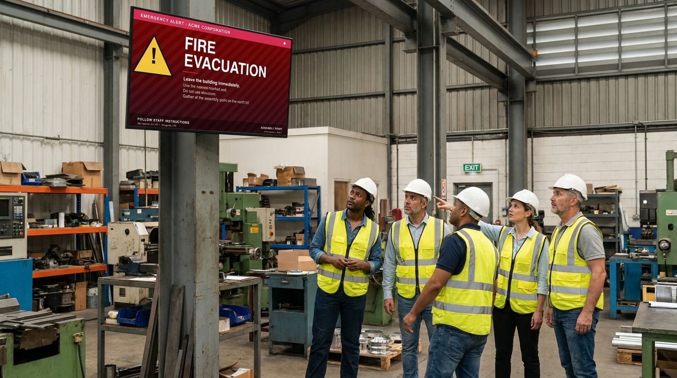 Manufacturing shop floor workers in safety vests looking at a wall-mounted display showing a Valotalive Status Alerts fire evacuation alert
