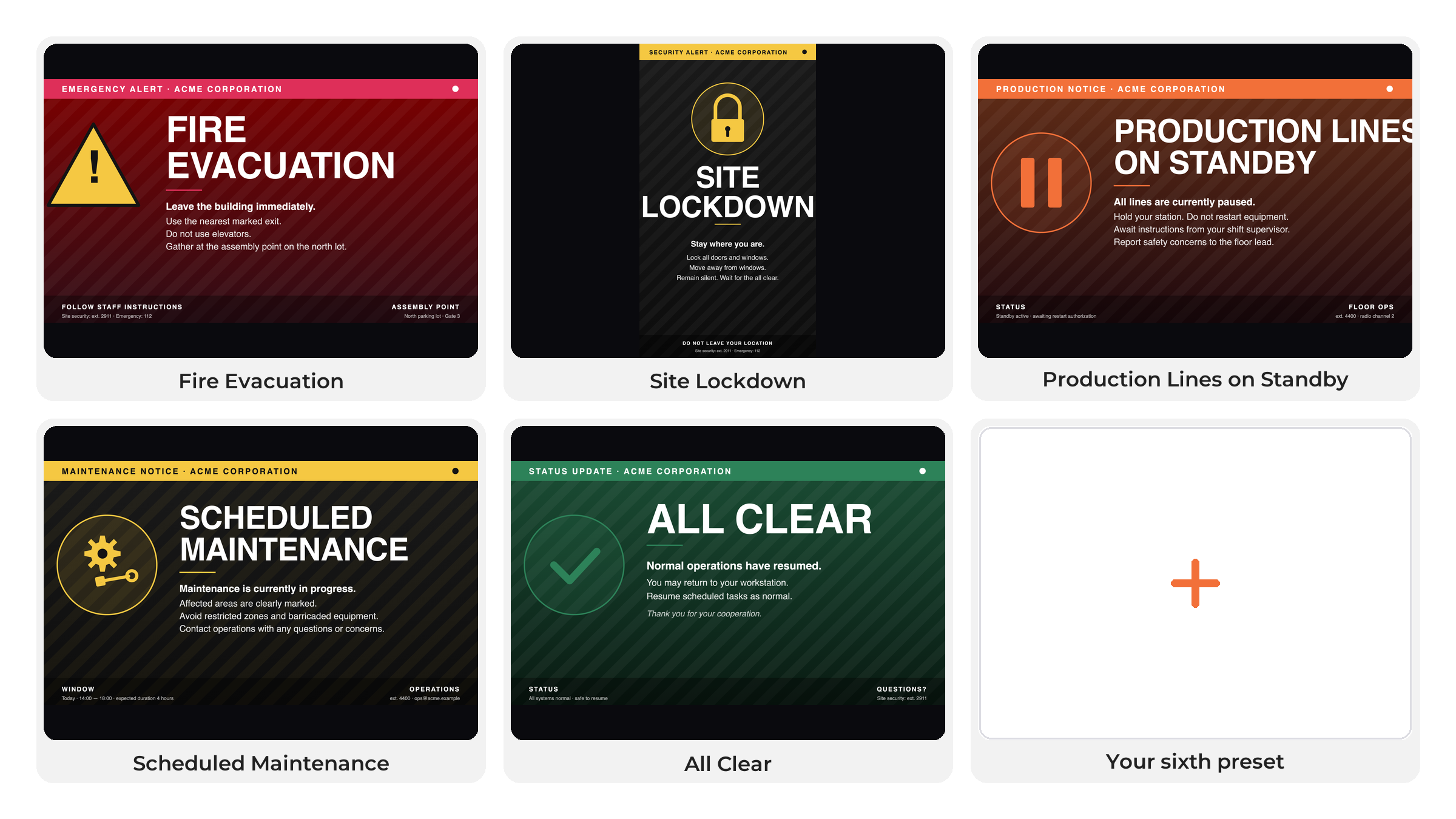 Gallery of Valotalive Status Alerts presets: Fire Evacuation, Site Lockdown, Production Lines on Standby, Scheduled Maintenance, All Clear, plus a custom slot