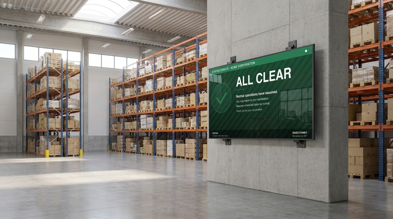 Warehouse digital signage display showing a Valotalive All Clear status alert