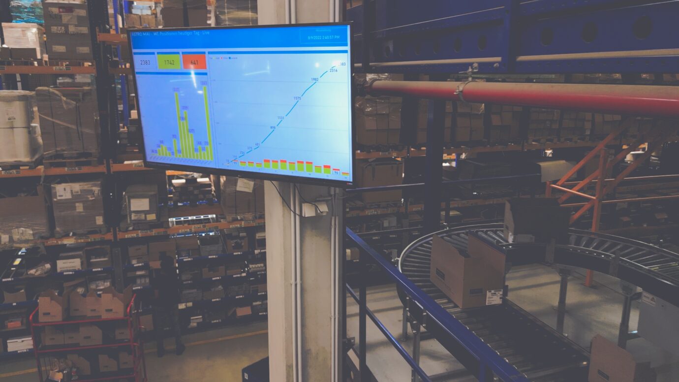 A digital signage display, showing Power BI report, in a a logistics center.