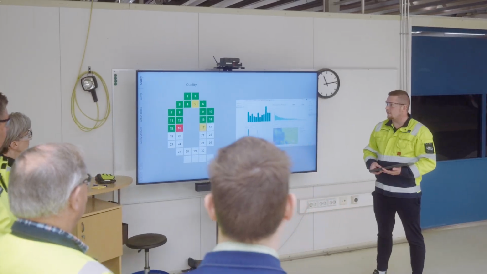 Valmet Automotive team at a Valotalive Digital Tier Board during a shop floor meeting