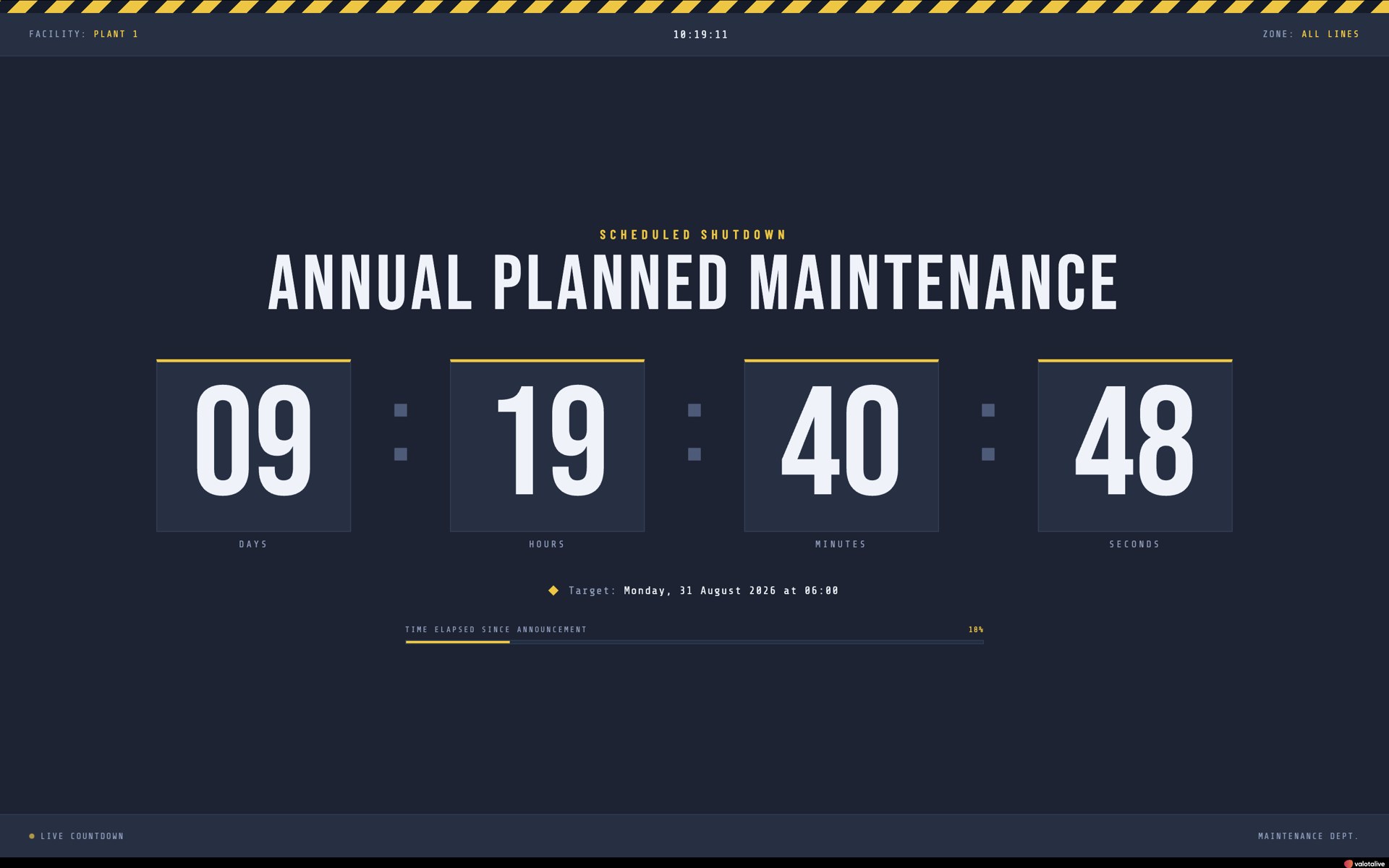 Custom maintenance countdown app on a Valotalive display – built as a self-contained HTML file for the HTML App