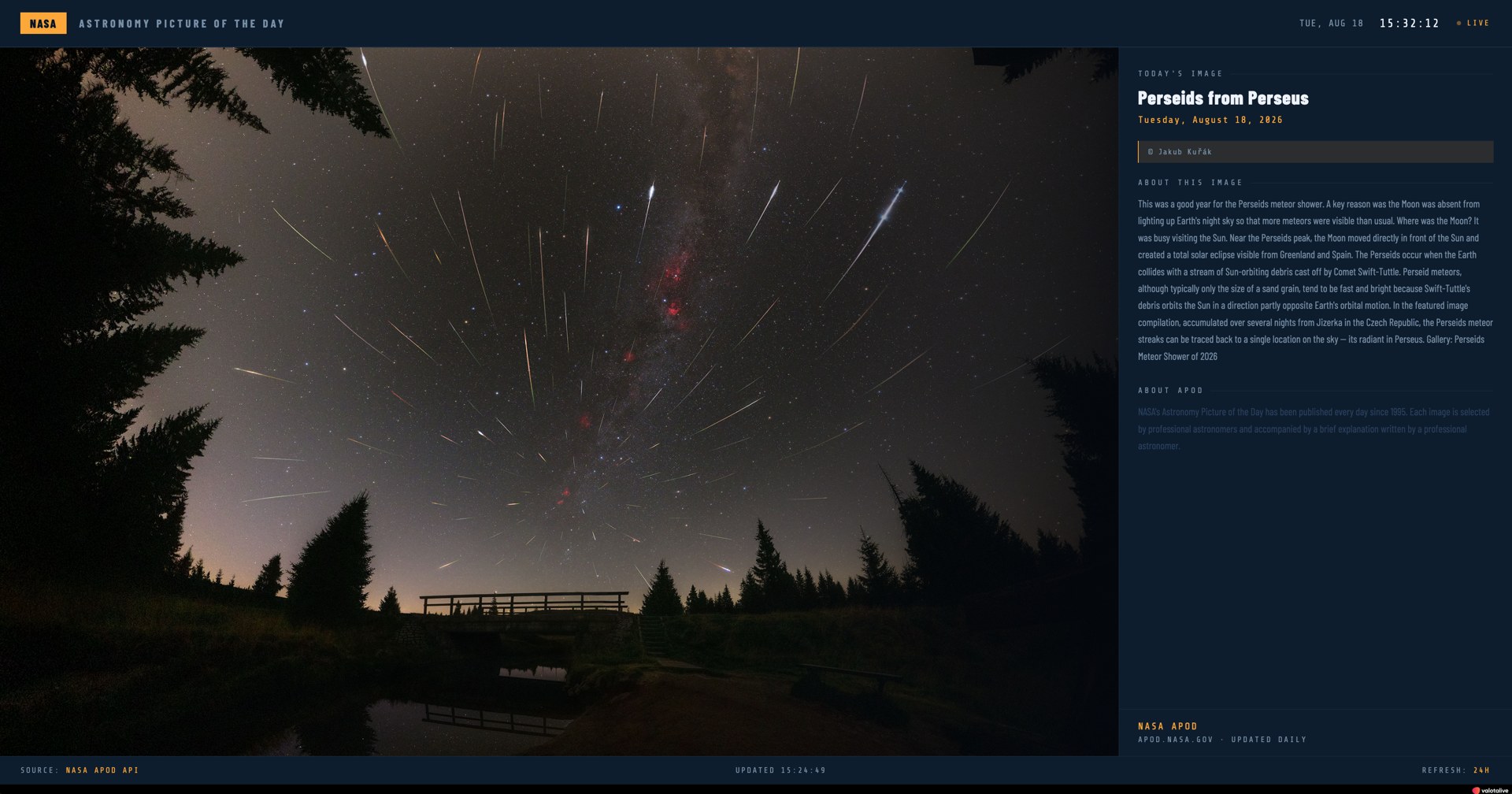 AI-built NASA Astronomy Picture of the Day app running on a Valotalive digital signage display via the HTML App