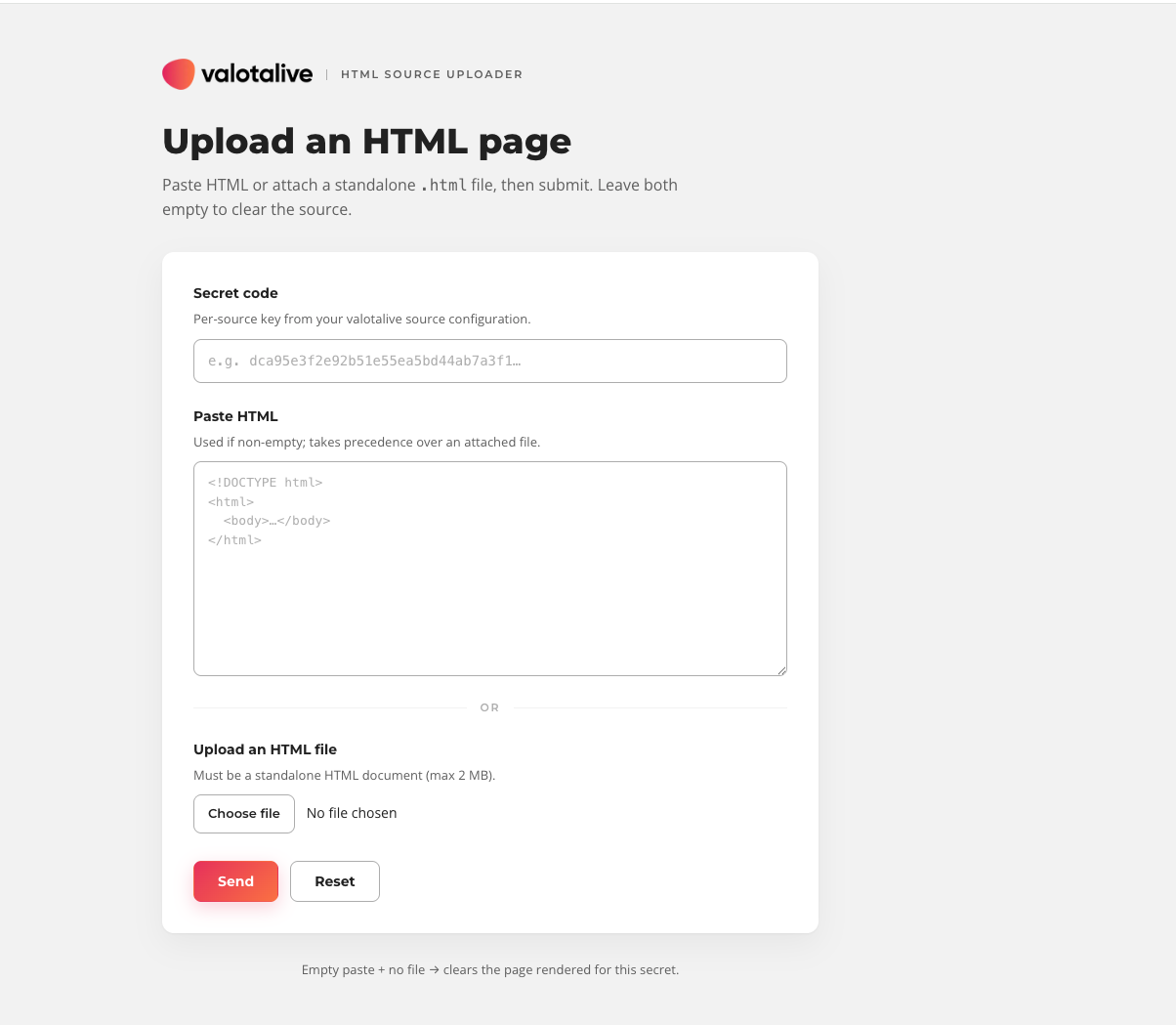 Valotalive HTML App upload page: paste the Secret key, then paste HTML or upload a .html file and click Send